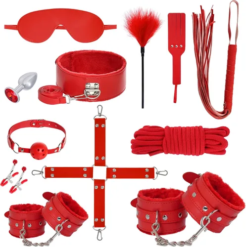 Miniatura 9 de Rbenxia 12 piezas de kits de restricciones BDSM Bondage para el sexo, esposas de fetiche, esposas de tobillo, collar, venda para los ojos, látigo