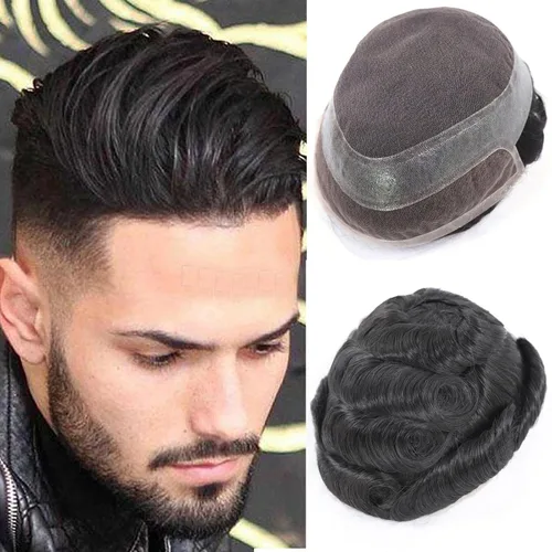 HAPPY&CC Toupee - Sistema de reemplazo de cabello humano real para hombre, transpirable, piel fina, encaje suizo, densidad media de luz, unidades de