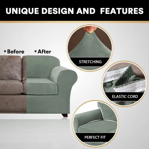 Miniatura 3 de PrinceDeco - 4 fundas de terciopelo para sofá de 3 cojines, protector suave de muebles con parte inferior elástica antideslizante, fundas de sofá