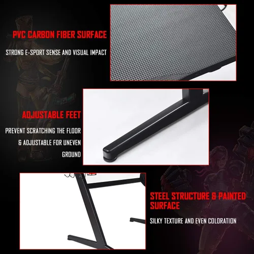 Miniatura 7 de Tangkula Escritorio para videojuegos, escritorio ergonómico en forma de Z, escritorio de juegos para deportes electrónicos con portavasos y soporte