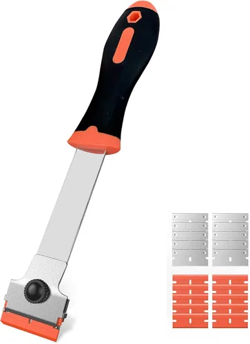Raspador de hoja de afeitar, herramienta raspadora de mango largo con 10 cuchillas de plástico y 10 cuchillas de metal, ideal para quitar etiquetas,