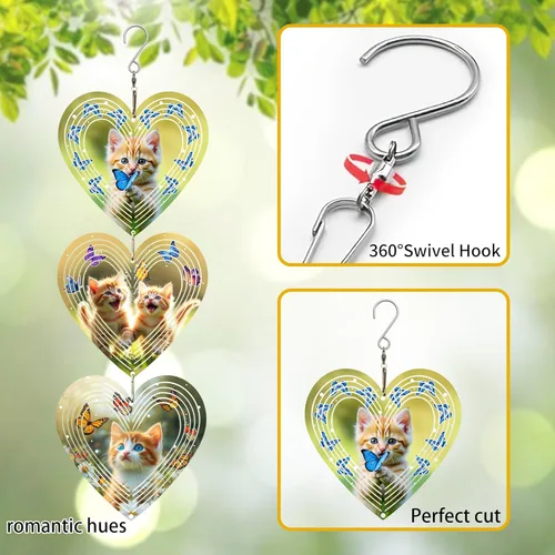 Miniatura 6 de Molinillos de viento para exteriores, repelente de pájaros, corazones 3D con patrón de gato colgante, 15 pulgadas, cinético, metal de acero