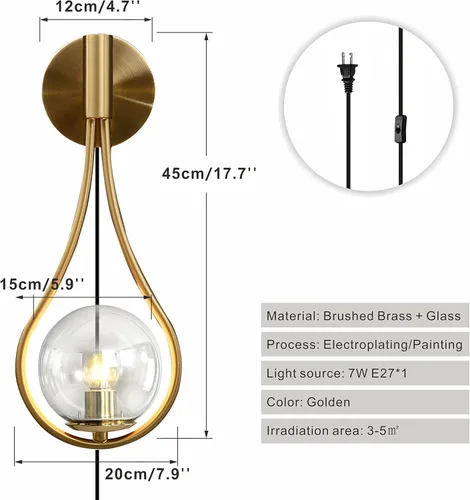 Miniatura 2 de BOKT Juego de 2 apliques de pared dorados modernos enchufables de mediados de siglo, lámparas de pared de globo transparente simple y creativo