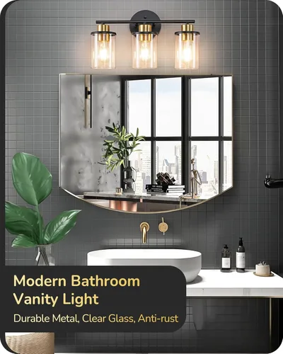 Miniatura 2 de EDISHINE Lámparas de baño, 3 luces de tocador de baño sobre el espejo, lámpara moderna de pared de baño con pantalla de vidrio transparente