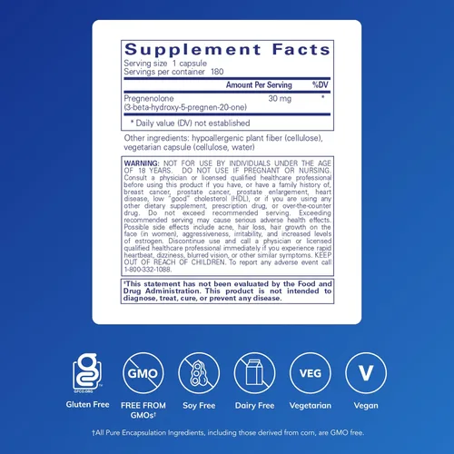 Miniatura 2 de Pure Encapsulations Pregnenolone - 30 mg - Apoyo hormonal - Suplemento para la memoria y el cerebro - Sin gluten y vegano - 180 cápsulas