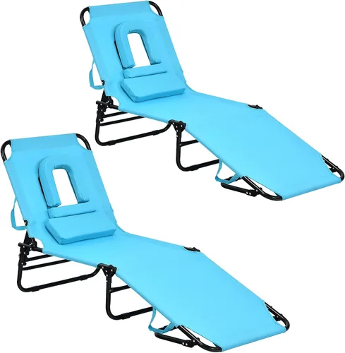 Miniatura 12 de GYMAX Sillón de playa, silla para tomar el sol, silla plegable ajustable reclinable con agujero para cara (1, arena)