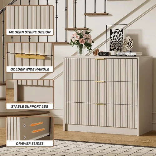 Miniatura 3 de Furniway - Cómoda color beige para habitación, moderna, 3 cajones y deslizadores suaves, cómoda ancha con jaladeras doradas para sala o armario