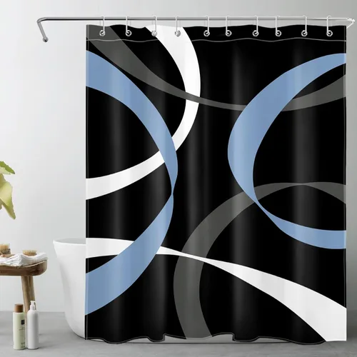 Miniatura 35 de LB Cortina de ducha abstracta rosa para baño, cortina de ducha de tela a rayas grises y blancas sobre fondo negro con ganchos, juego de cortinas