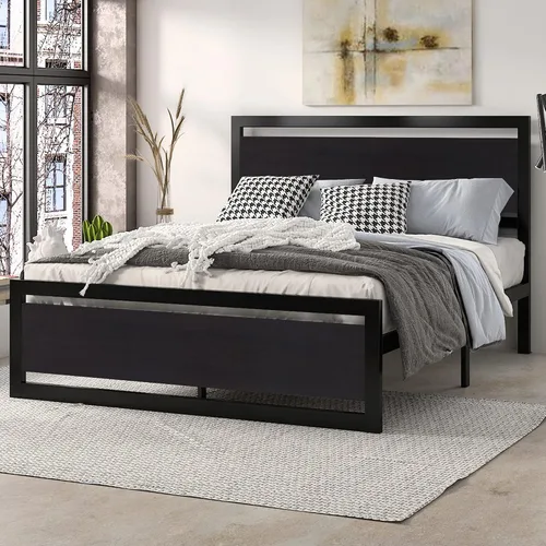 Miniatura 7 de SHA CERLIN Base de cama tamaño Queen con cabecera moderna, base de metal de plataforma resistente con estribo cuadrado y soporte de 13 listones Negro