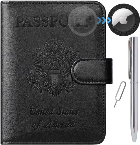 Miniatura 30 de Funda para pasaporte, cartera con bloqueo RFID, funda de piel para tarjetas, accesorios de viaje para mujeres y hombres, negro