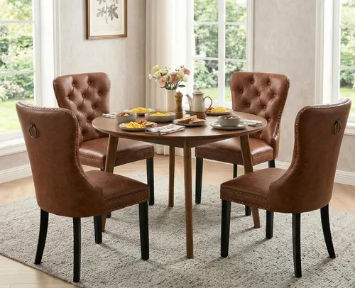 Miniatura 9 de Shunzhi Juego de 2 sillas de comedor de cuero beige, modernas de mediados de siglo, sillas de cocina tapizadas con capitoné, sillas auxiliares