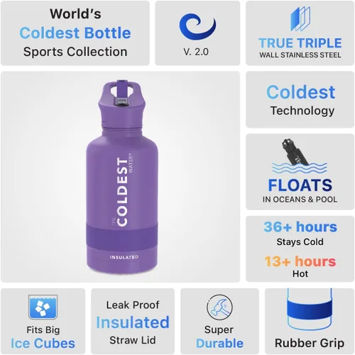 Miniatura 4 de Coldest - Botella para agua con tapa que incluye pajilla, térmica y metálica (acero inoxidable), para hombres y mujeres, color morado