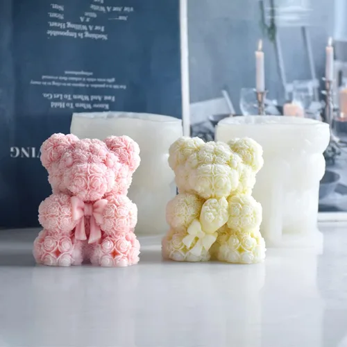Miniatura 4 de Cestony Oso de rosas 3D de 4.4 x 3.93 pulgadas con pajarita, moldes de silicona para hacer velas, pilar de resina, velas de aromaterapia, cera
