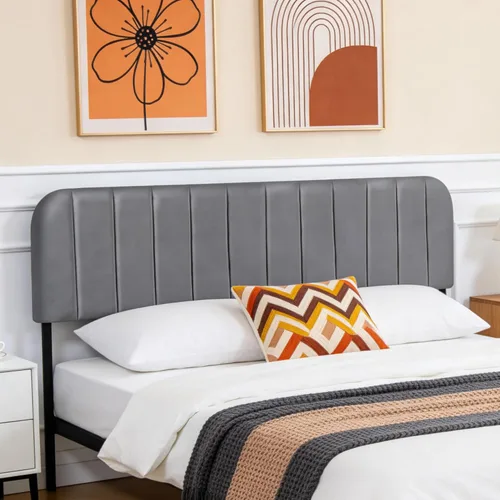 Miniatura 14 de Cabecera tapizada de altura ajustable, cabecera de terciopelo crema, diseño moderno de canal vertical con borde superior de silueta escalonada Beige