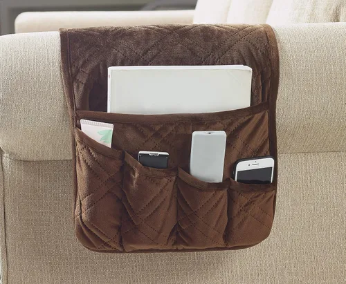 Miniatura 14 de Brilliant Sunshine - Organizador de apoyabrazos de sofá de terciopelo gris con 5 bolsillos, soporte antideslizante para sillón reclinable
