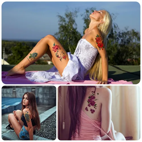 Miniatura 5 de Tatuajes temporales florales de 21 hojas, diseños brillantes de peonías y rosas en 3D, arte corporal impermeable para mujeres y niñas, calcomanías