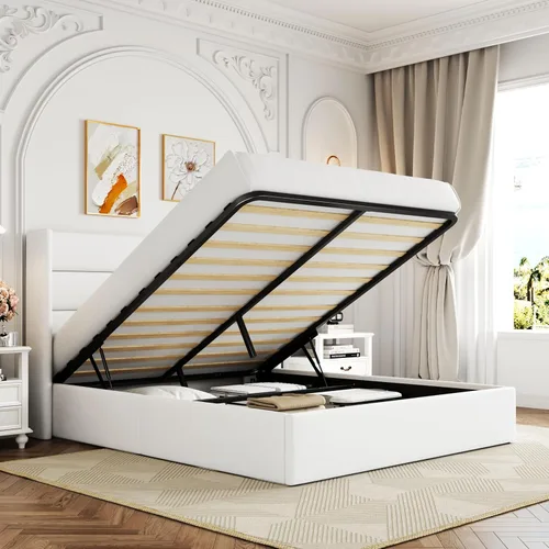Miniatura 13 de Allewie Cama de Almacenamiento Elevable Tamaño Completo, Cabecero Capitonado con Botones con Respaldo de Ala, Soporte Hidráulico, No Necesita Gris