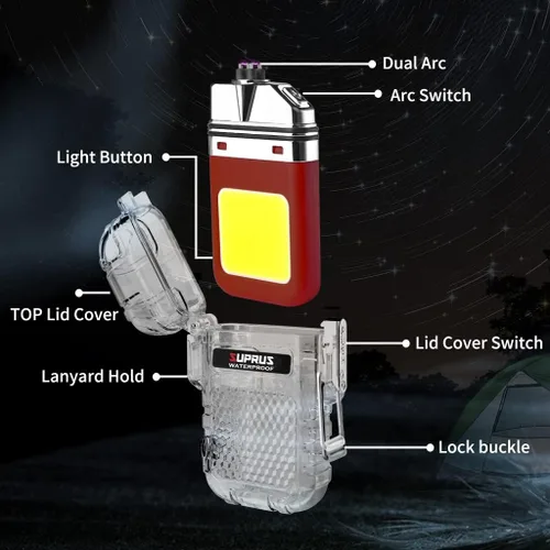 Miniatura 2 de SUPRUS Impermeable 3 modos de linterna a prueba de viento, encendedor de plasma de doble arco eléctrico recargable de doble arco con silbato de Rojo