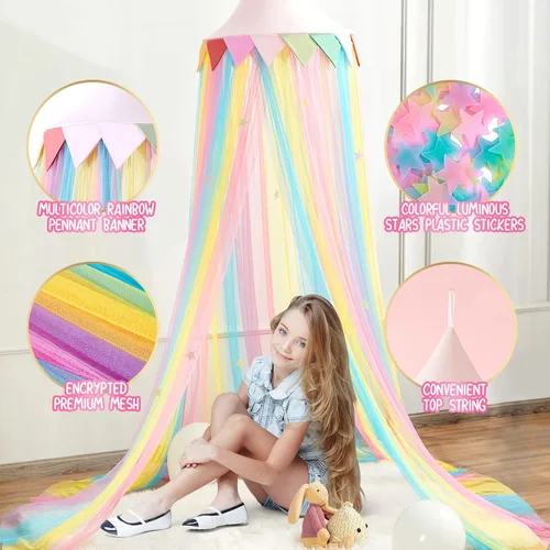 Miniatura 10 de LOAOL Toldo de cama para niños – Cortinas de cama con toldo de sueño de hadas con red colgante de color arcoíris, cúpula redonda rosa con bandera