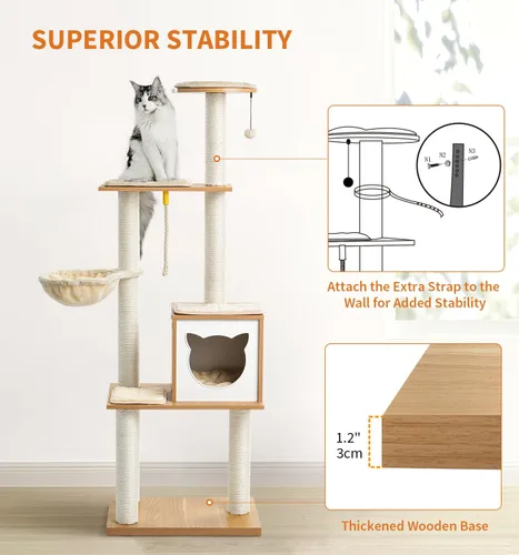 Miniatura 7 de Made4Pets - Árbol para gatos, torre moderna para gatos de interior, condominio de madera de 65 pulgadas de alto con hamaca, poste rascador