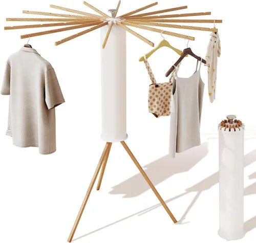 Miniatura 7 de LIENAHU Trípode de secado de ropa, tendedero de ropa, estante de secado de lavandería, soporte de suelo, 16 postes de madera, estantes de secado