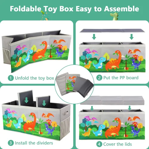Miniatura 8 de Caja de juguetes extragrande con tapas, organizador plegable de almacenamiento de juguetes para niños, caja de juguetes de dinosaurio para niños Gris