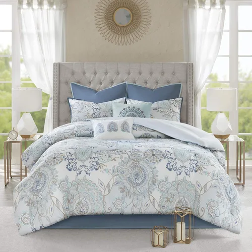 Madison Park Juego de temporada, falda de cama a juego, almohadas decorativas, Queen (90 x 90 pulgadas), Isla, medallón floral azul, 8 piezas