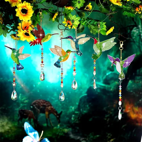 Miniatura 6 de Tradder Juego de 6 piezas de pintura de diamante para colibrí, campanillas de viento, pájaros, kits de arte para adultos, vacaciones, escuela