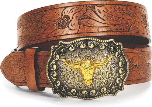 Miniatura 9 de Rodeo Western-Longhorn-Bull Cowboy-Belt para mujeres y hombres, cinturón de piel sintética con relieve floral para jeans
