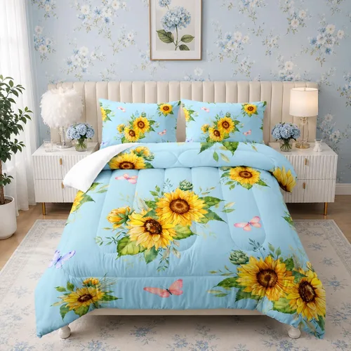 Miniatura 13 de Juego de edredón floral colorido de 3 piezas, juego de ropa de cama botánica bohemia tamaño queen, diseño boho de granja con flores y hojas impresas