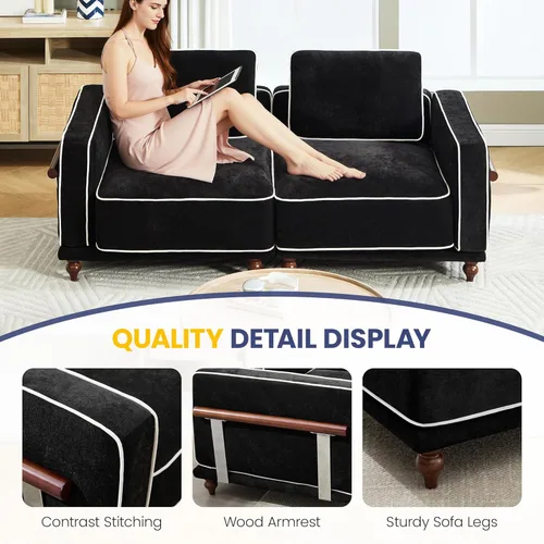 Miniatura 5 de Sofá biplaza modular de felpilla de 80 pulgadas, sofá pequeño color negro con fundas extraíbles lavables, cojines de espuma de alta resistencia