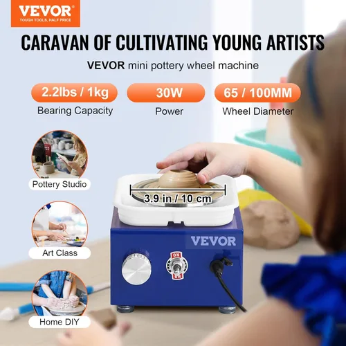 Miniatura 2 de VEVOR Rueda Mini de Cerámica para Niños y Principiantes, Kit Completo de Cerámica con 2 Platos Giratórios de 6.6cm/10cm y 17 Herramientas Azul