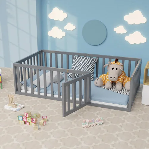 Zevemomo Cama de suelo tamaño individual para niños y niños, cama de piso Montessori individual con barandillas de seguridad y puerta, cama de piso