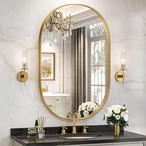 Miniatura 23 de Brightify - Espejo ovalado dorado para tocador de baño de 20x30 pulgadas, espejos de marco de metal dorado para pared, espejo moderno