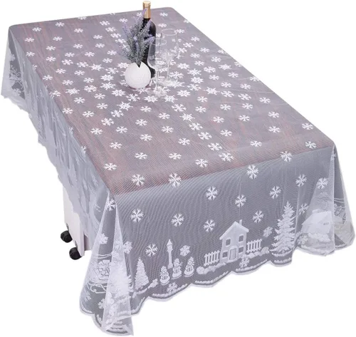 Miniatura 5 de mookaitedecor Mantel de encaje de poliéster de 83 a 84 pulgadas, mantel rectangular de copos de nieve blancos para Navidad, Acción de Gracias