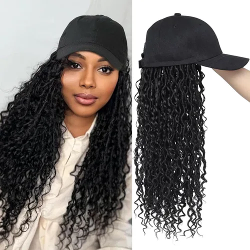 Miniatura 11 de Gorra con peluca para mujeres con gorra de béisbol y cabello trenzado adjunto, peluca de trenzas negras sintéticas, gorra ajustable con trenzas
