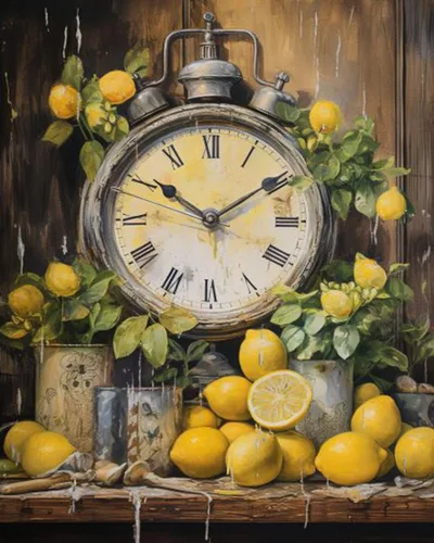 Reloj de cocina de granja con limones, pintura al óleo por números, kit de pintura por números, lienzo de 16 x 20 pulgadas, pintura rústica, pintura