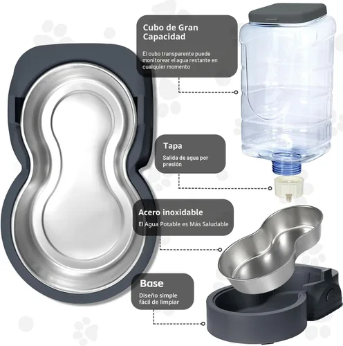 Miniatura 3 de Comedero y dispensador de agua automático para gatos con cuenco de acero inoxidable, comedero por gravedad para perros y bebedero para mascotas Gris