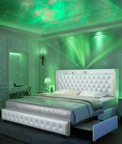 Miniatura 10 de GEGOFORU Base de cama Queen con luces LED y proyector de galaxia, moderna plataforma con respaldo alado con 4 cajones de almacenamiento, puertos