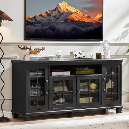 SAVOR LIFE - Aparador grande negro con gabinete de buffet y almacenamiento, credenza vintage de casa de campo de 60" de ancho con puertas de vidrio