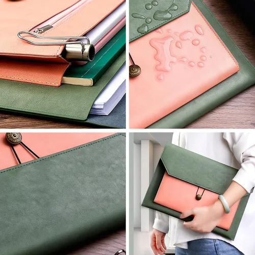 Miniatura 4 de Carpeta de archivos A4 de cuero de la PU Portafolio de la carpeta del sobre con 2 compartimentos marrón y naranja partido