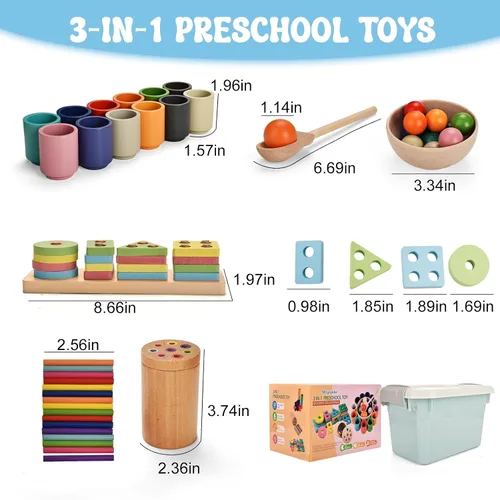 Miniatura 3 de Juguetes Montessori para niños de 1 a 3 años, juguete educativo de 3 en 1 de madera para habilidades motoras finas, juguete de clasificación