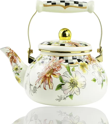 Hervidor de té esmaltado floral, tetera bohemia vintage, tetera de agua caliente, tetera de café de 2.5 L, porcelana beige, colorida, rústica,