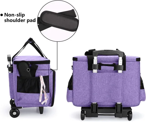 Miniatura 5 de Yarwo Funda de transporte mejorada para máquina de coser con ruedas, bolsa de mano desmontable con tabla inferior extraíble y pata de remolque Morado