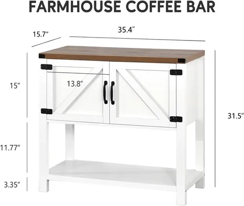 Miniatura 3 de 4ever2buy Gabinete de barra de café de granja, mesa de café blanca con almacenamiento, aparador de buffet con 2 puertas, armario decorativo
