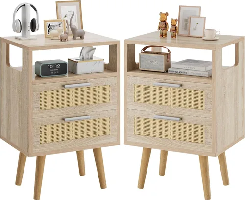 Miniatura 10 de YMYNY Juego de 2 mesitas de noche de ratán, mesa auxiliar bohemia con 2 cajones, estante abierto con diseño arqueado, patas de madera maciza, Negro