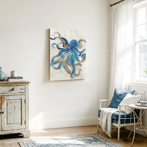 Miniatura 5 de Arte de Lienzo de Pulpo para Pared Pintura Temática de Vida Oceánica Imagen de Animal Marino Azul y Dorado Obra de Arte Costera Imagen de Pulpo