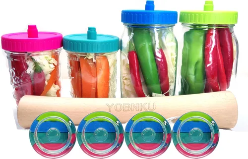 Kit completo de fermentación de tarros Mason con libra, 4 pesos de vidrio y 4 tapas de fermentador, herramienta de fermentación de alimentos para