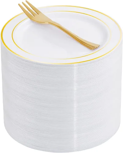 Miniatura 16 de WELLIFE 100 platos de postre de plástico blanco y 100 tenedores desechables dorados, plato duro de postre de alta calidad de 7.5 pulgadas, platos