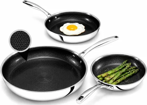 Miniatura 9 de CERAMAX Gotham Steel Hybrid - Juego de 3 sartenes antiadherentes de acero inoxidable de 8, 10 y 12 pulgadas, listo para inducción, fabricado sin